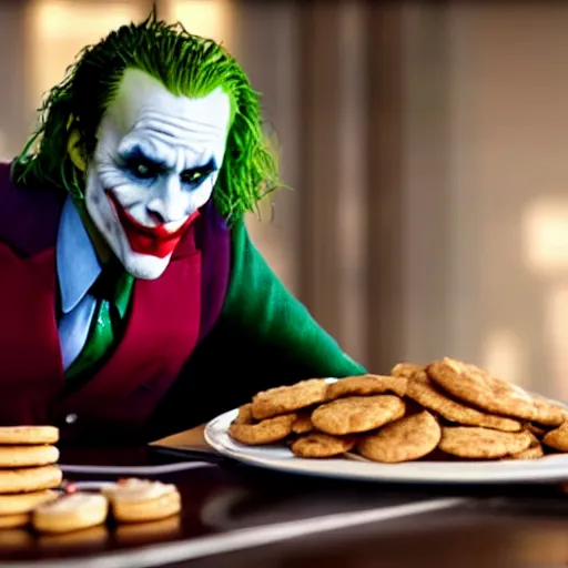 Image similar to cinematic shot of the joker sitting at a table with a plate of biscuits and chicken, 8 k, very detailed, very intricate,