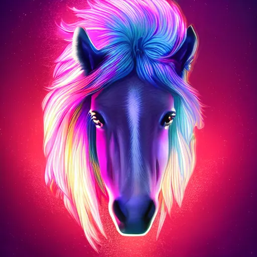 Prompt: short maned digital horse, retrowave palette, highly detailed, anatomically correct equine, synth feel, smooth face, ear floof, flowing mane, no reins, super realism, accurate animal imagery, 4 k digital art