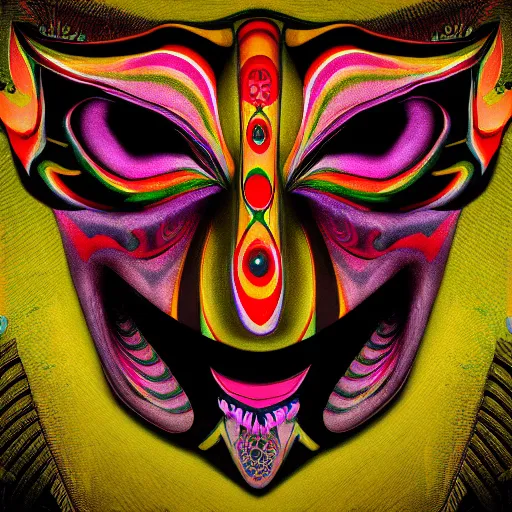 Image similar to a psychedelic jester mask with three rows of eyes album cover 4k