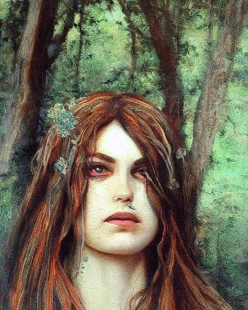 Prompt: a beautiful and eerie baroque painting of a gorgeous young woman from vermont, with wild hair and haunted eyes, 1 9 7 0 s, woodland, afternoon light, delicate embellishments, painterly