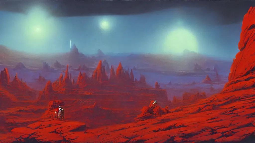 Image similar to mars empire of the mountains by paul lehr and john schoenherr, cinematic matte painting