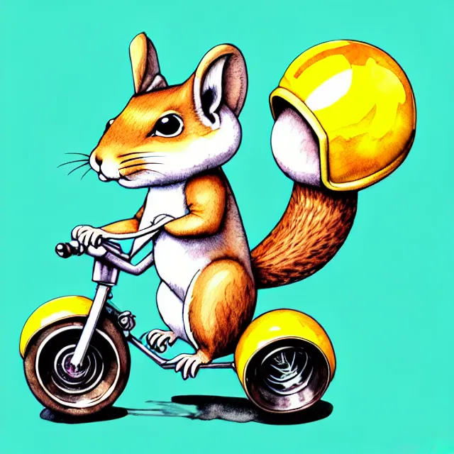 Image similar to cute and funny, squirrel wearing a helmet riding in a hot rod with oversized engine, ratfink style by ed roth, centered award winning watercolor pen illustration, isometric illustration by chihiro iwasaki, edited by range murata, tiny details by artgerm and watercolor girl, symmetrically isometrically centered, sharply focused