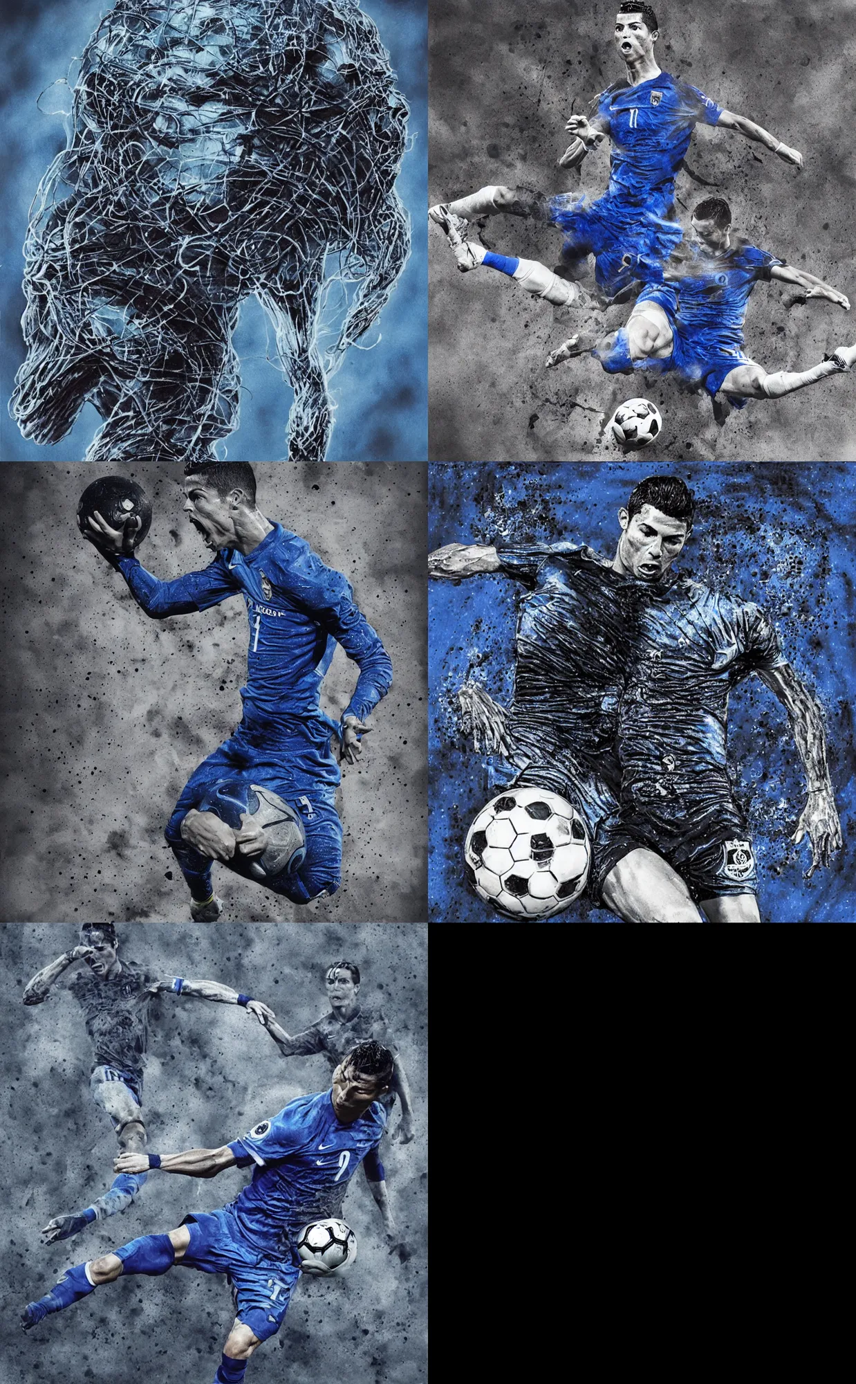 Prompt: cristiano Ronaldo tackling a blue meat ball in the style of giger, football, nike