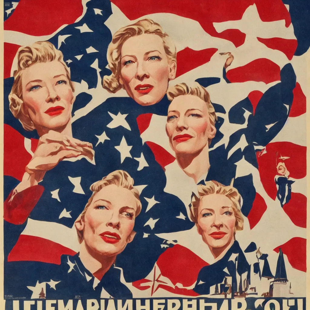 Image similar to american propaganda poster with cate blanchett calling on the world community to fight against Nazism, Ultra Detailed, soviet realism