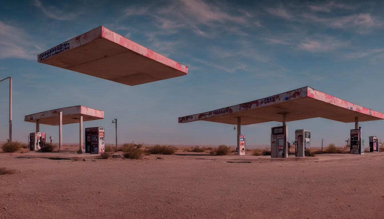 Prompt: abandoned gas station in middle of desert, ambient, futuristic, glowing, very detailed, colourfull, 4 k