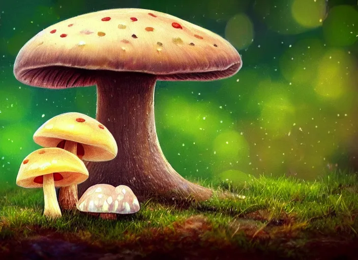 Image similar to a cute creature sitting next to a mushroom, realistic, very detailed, complex, intricate, studio lighting, superres sharpening, bokeh, sigma 5 0 mm f 1. 4, impressionist painting, digital painting, artstation, simon stalenha