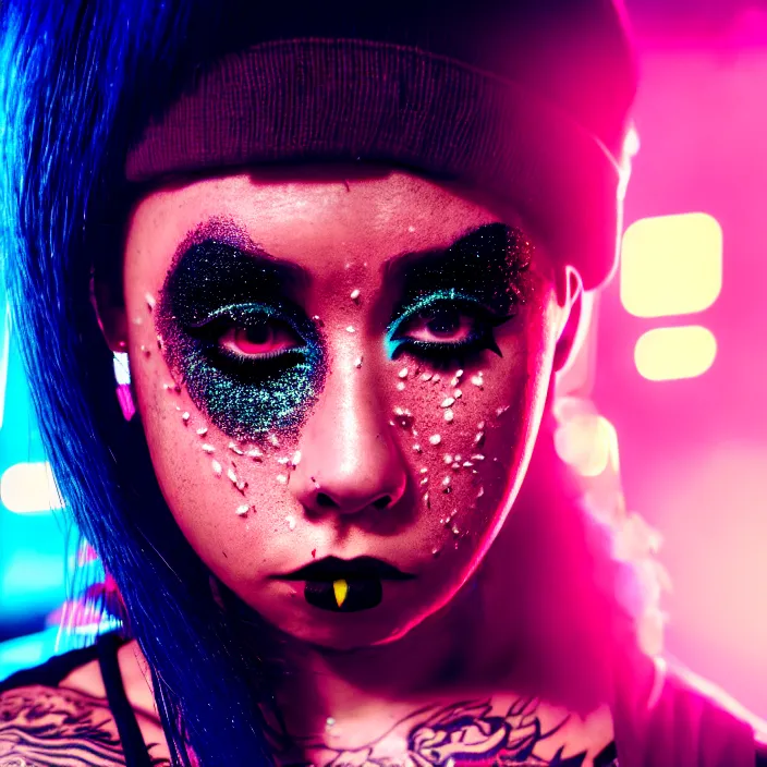 Image similar to a streetwear mixed woman wearing thick mascara by Studio Trigger, crying, a city on fire in the background, police lights shine on her face, tattoos, dark glitter makeup, Cinestill 50d, 4k, 8k, hd, full color, octane render, trending on artstation, highly detailed