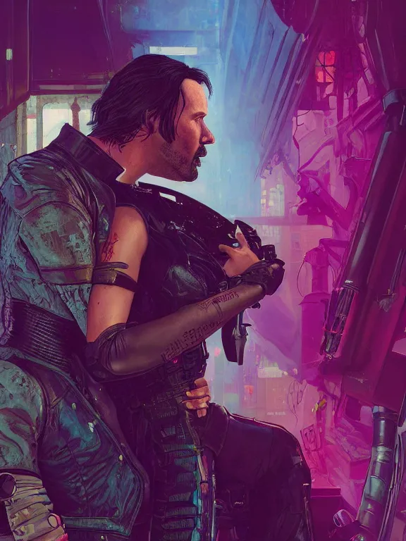 Image similar to a cyberpunk 2077 couple portrait of Keanu Reeves and V in love story,film lighting,by laurie greasley,Lawrence Alma-Tadema,William Morris,Dan Mumford,trending on atrstation,full of color,Digital painting,face enhance,highly detailed,8K, octane,golden ratio,cinematic lighting