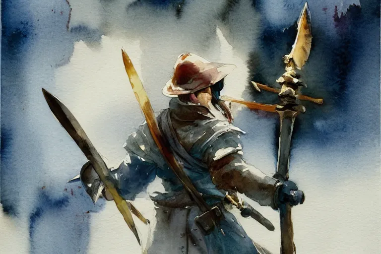 Prompt: small centered on watercolor paper, paint brush strokes, abstract watercolor painting of forge, medieval swordmaker, cinematic light, national romanticism by hans dahl, by jesper ejsing, by anders zorn, by greg rutkowski, by greg manchess, by tyler edlin