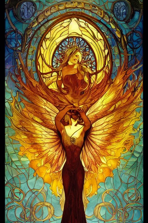 Prompt: ultra realist breathtaking detailed soft painting of fantasy phoenix, long fire wings and a halo of light around its head, christian saint in the middle of a stained glass of flames, intricate golden art nouveau frame, by Anato Finnstark, Alphonse Mucha, trending on artstation