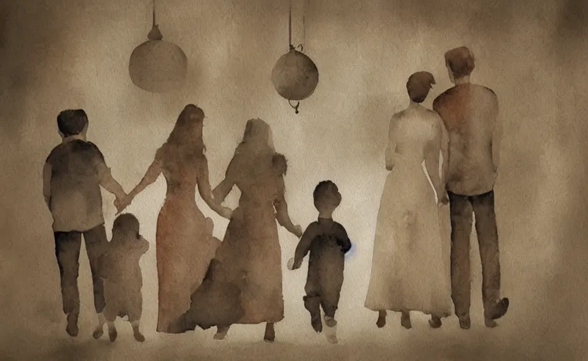 Prompt: storybook illustration of family portraits hanging on a wall, watercolor, sepia tints