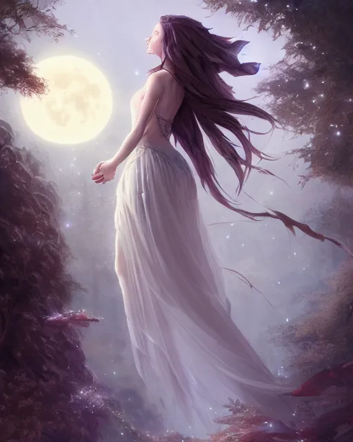 Prompt: attractive fairy goddness fly high in the night, d & d, fantasy, mist, full moon in background, trees, hyper detailed, art by artgerm and greg rutkowski and magali villeneuve, midium shot, 8 k realistic, cryengine, digital painting, trending on artstation, concept art, sharp focus, illustration,