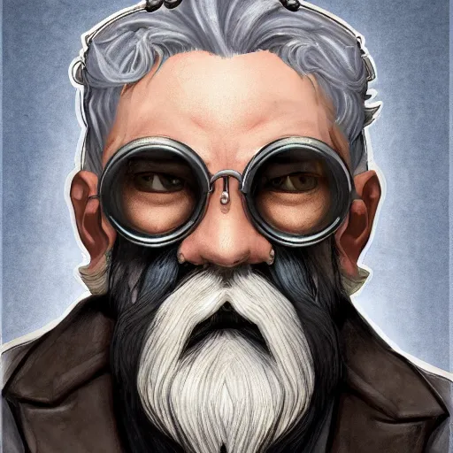 Image similar to a front-facing portrait of an old man with a grey beard and blue hair wearing steampunk goggles, dungeons and dragons character art, highly-detailed illustration, Artstation