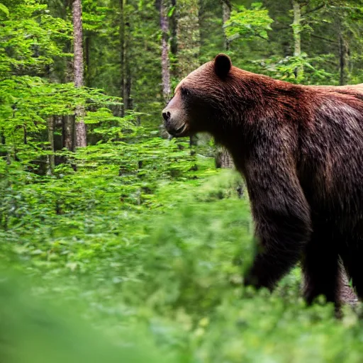 Prompt: A 4k photograph of an photogenic giant short-faced bear walking through a forest full of foilage