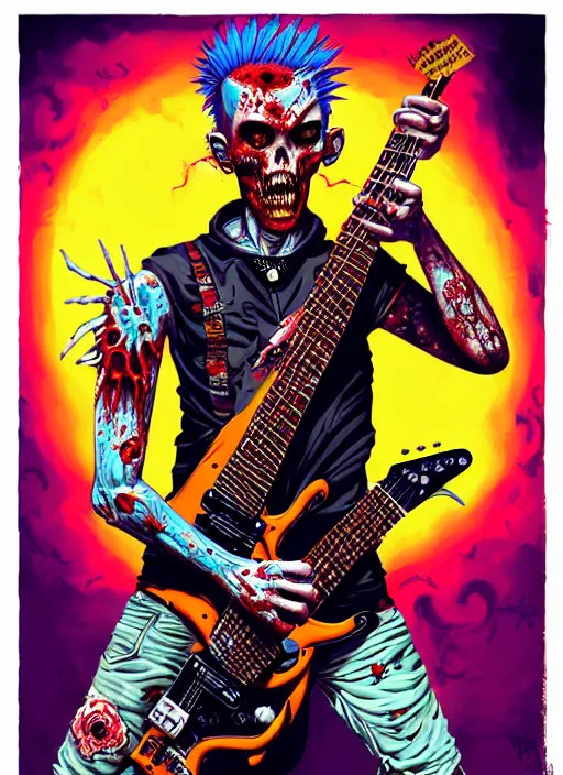 Prompt: a zombie punk rocker with a mohawk playing electric guitar, tristan eaton, victo ngai, artgerm, rhads, ross draws, rule of thirds by francis tneh