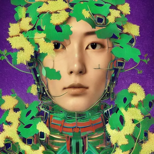 Image similar to colourful vfx art - portrait of army mecha robot wrapped in flowers & vines, art by utagawa kunisada & tadanori yokoo, volumetric light, ray tracing, sharp, detailed, digital painting, illustration, highly detailed, intricate detail, unreal engine, octane render, pinterest, behance, art station,