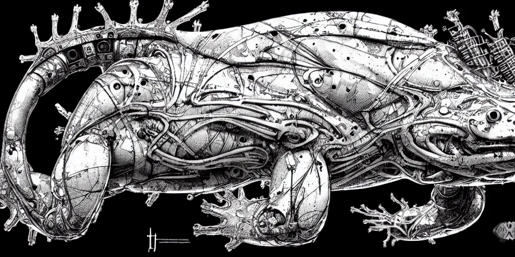 Image similar to a cyborg axolotl. ultrafine hyperdetailed illustration by kim jung gi and hans ruedi giger.