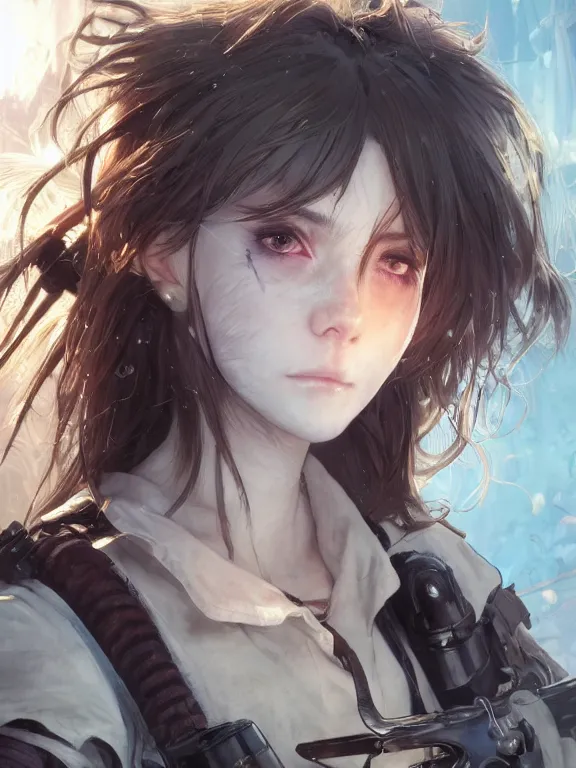 Image similar to close up picture of a uniformed berserker girl with technical devices looking at the camera, cynical, bored, beautiful and aesthetic, intricate, unreal engine, messy hair, highly detailed, detailed face, smooth, sharp focus, chiaroscuro, manga illustration, artgerm, greg rutkowski, alphonse mucha, young adult light novel cover art