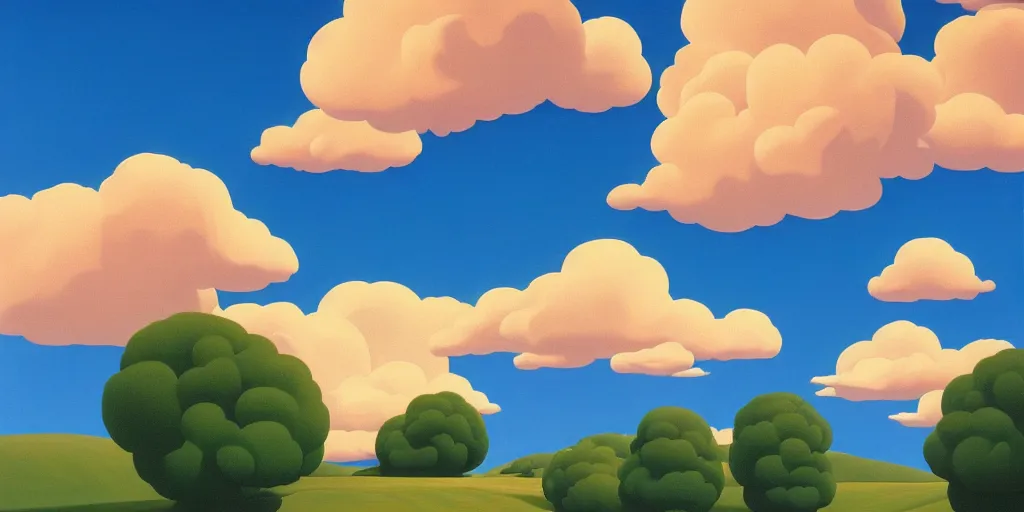 Prompt: homer simpson clouds, blue sky, summer evening, kenton nelson