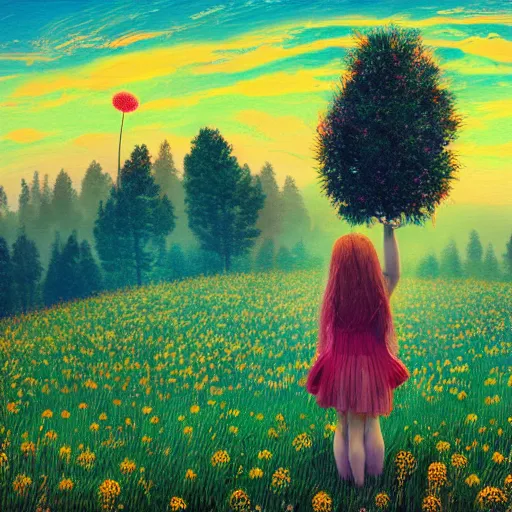 Image similar to girl with dandelion head, surreal photography, dream, standing in flower field, hills, big trees, sunrise dramatic light, impressionist painting, colorful clouds, digital painting, pointillism, artstation, simon stalenhag