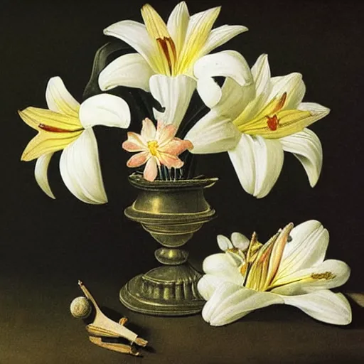 Image similar to a still life painting of a skill with diamonds in its eyes surrounded by white lilies all in front of a dark shadowy background by francisco de zurbaran