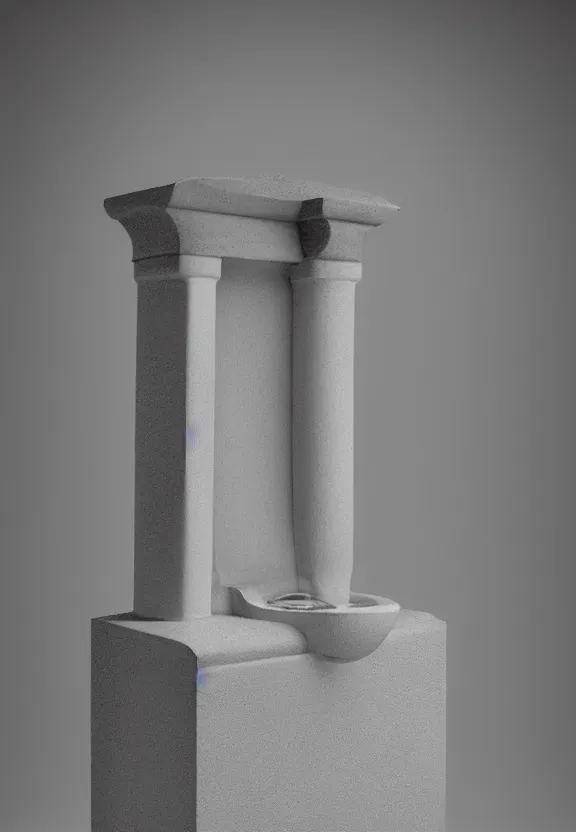 Prompt: a packshot of fountain ( fontaine ) readymade by marcel duchamp, archival pigment print, 1 9 2 0, academic art, conceptual art, white, grey, gray, underexposed grey, hues of subtle grey, ready - made, studio shoot, studio lighting