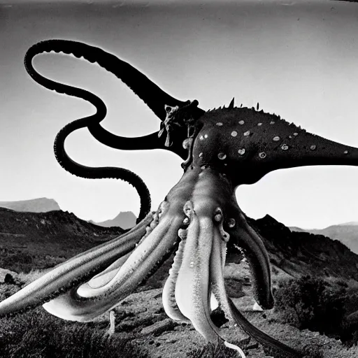 Prompt: a large tentacled monstrosity squid dinosaur stepping over a mountain range by Ansel Adams and H.R. Giger, black and white photography