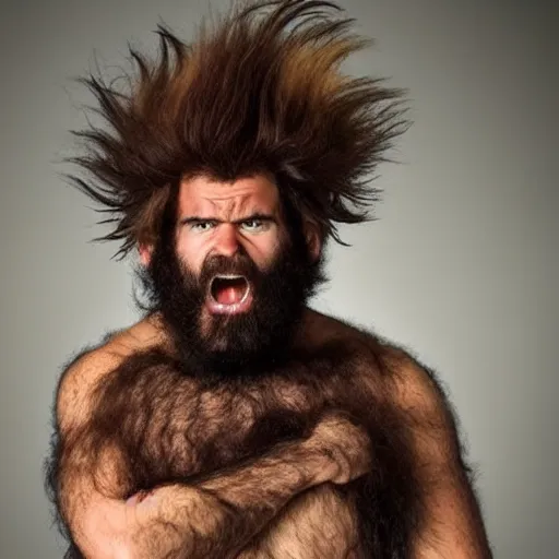 Prompt: A small angry hairy man with wild hair and huge claws. He might be Canadian