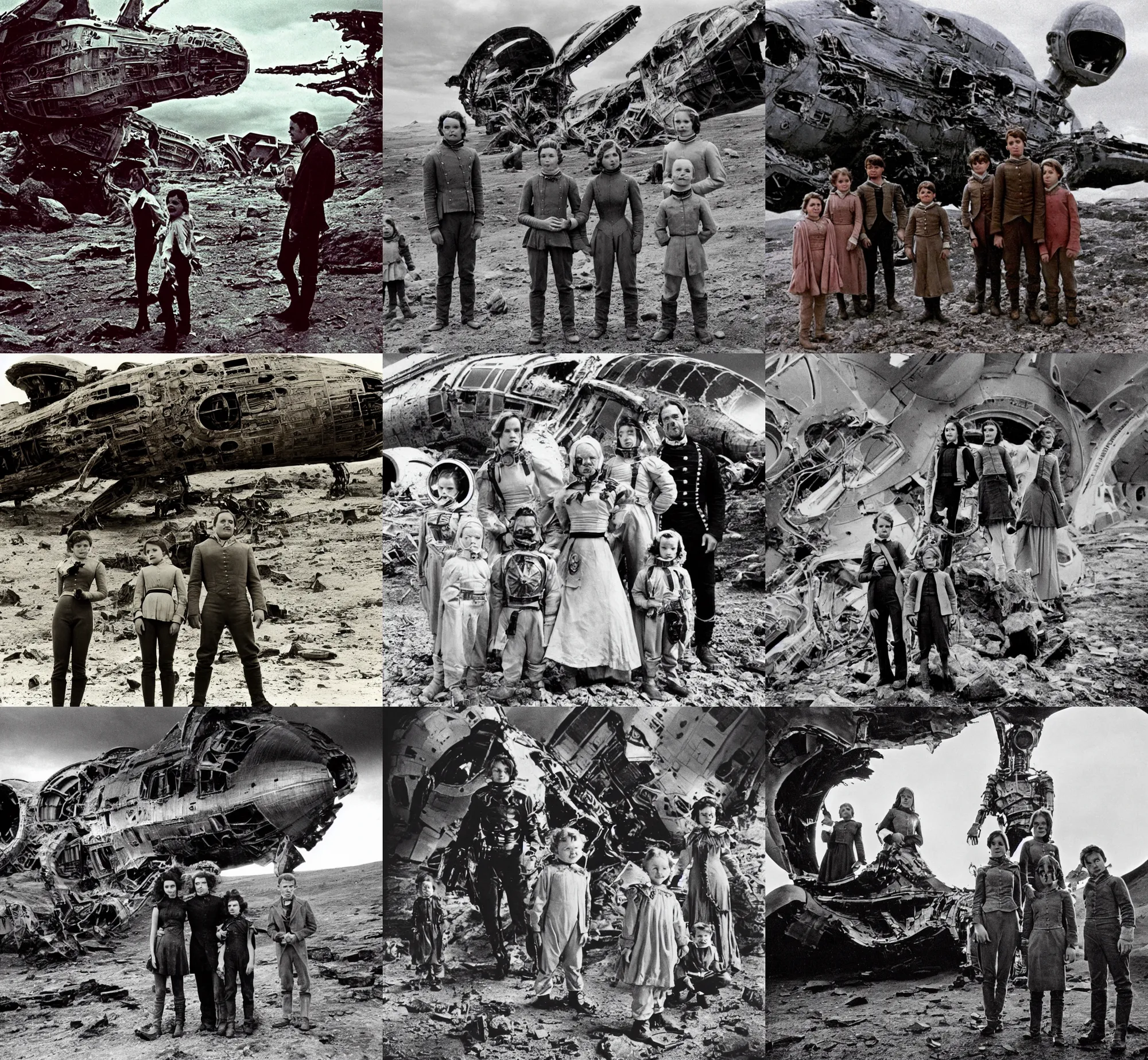 Prompt: extremely sharply detailed, 7 0 mm film from blockbuster 9 6 k sci fi color movie freeze frame, set 1 8 6 0, family standing in front of crashed spaceship, on alien planet, looking happy, wearing 1 8 6 0 s era clothes, atmospheric lighting, in focus, reflective eyes, 9 9 9 mm lens, live action, nice composition and photography, clear faces