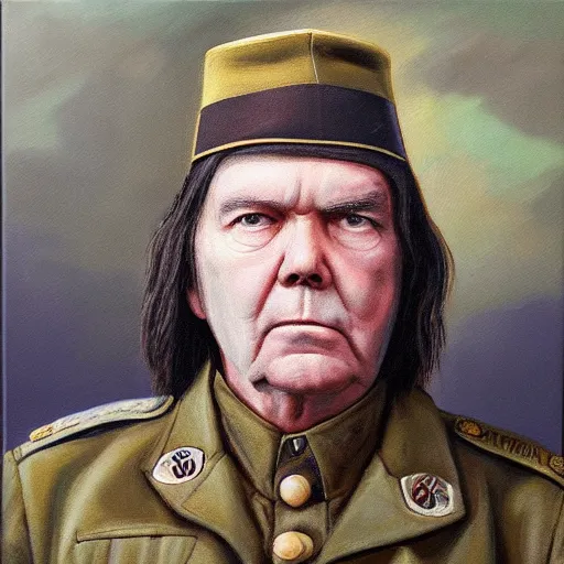 Image similar to “Oil painting of Neil Young as a World War 1 general, 4k”