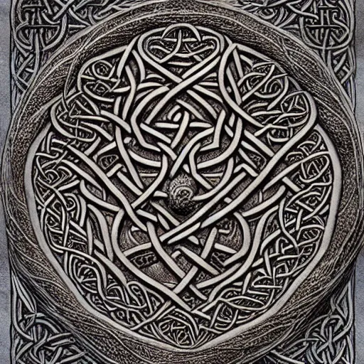 Image similar to Intricate and highly detailed Celtic Knotwork etched in an ancient tree, intricate, highly detailed, fullbody, artstation, dark fantasy, concept art, smooth, sharp focus, illustration, art by greg rutkowski and orientalism and bouguereau and Zdzislaw Beksinski, good clear quality, lighting, biology, symmetrical artwork, 135 mm, cinematic, hyper realism, high detail, octane render, 8k, chrome accents