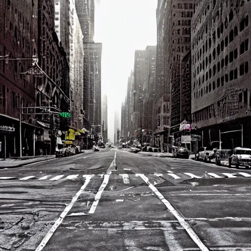 Image similar to color photograph, highly detailed abandoned New York city street at night after the war between humans and AIs, natural light, film grain, soft vignette, sigma 85mm f/1.4 1/10 sec shutter, film still promotional image, IMAX 70mm footage