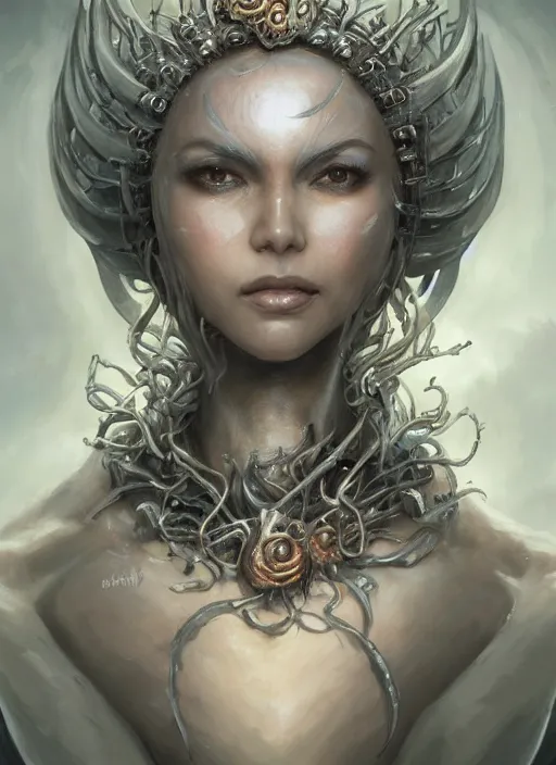 Image similar to a hyper detailed anime face portrait of the queen of blades smiling, with a beautiful face, by dorian cleavenger, greg rutkowski, wlop, astri lohne, zdzisław beksinski trending on artstation