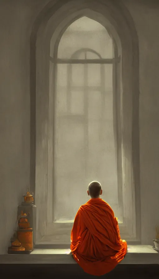 Prompt: space monk sitting by a window, orange robe, dramatic lighting, artstation, matte painting, johannes vermeer