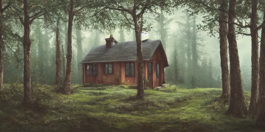 Image similar to a painting of single cottage in the woods and empty woods, 8k, fantasy, hyper realistic, atmospheric, cinematic