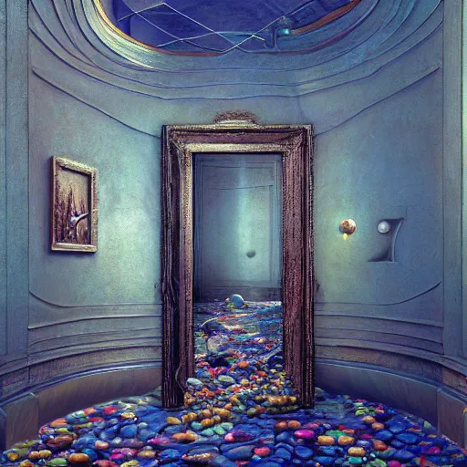 Image similar to hyperrealstic random objects in a surreal dreamscape environment by salvador dali, highly detailed, 3 d render, vray, octane, realistic lighting, photorealistic, colorful, intricate, elegant, wayne barlowe, water, mirrors, doorway, beautiful, masterpiece