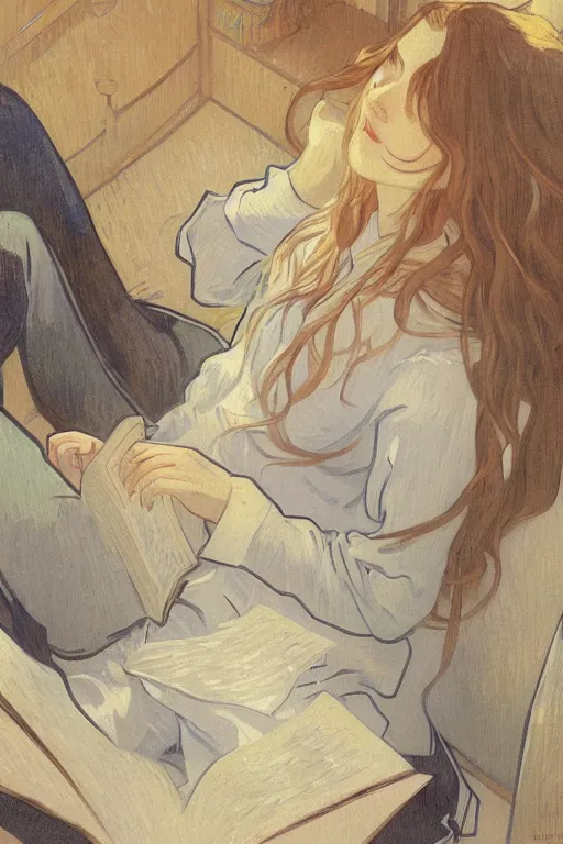 Prompt: a girl in a jk uniform outfit in the bedroom reading a book in a night, raining outside the window, grey and orange theme ， wavy white long hair, by krenz cushart and mucha and akihito yoshida and greg rutkowski and vincent van gogh and monet, detailed eyes, 4 k resolution