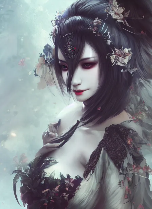 Image similar to etheral beautifull maiko vampire, fluent composition, concept art, ambient light, 4 k, intricate details, highly professionally detailed, cgsociety, highly detailed -