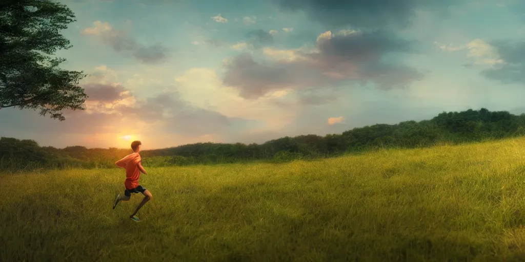 Prompt: A young man running through a lush green countryside, with the sun setting over the sea, trending on artstation, 4k, soft focus