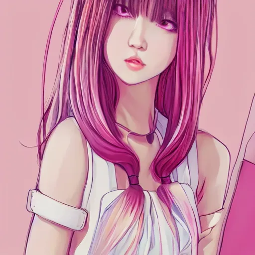 Image similar to realistic beautiful gorgeous natural cute Blackpink Lalisa Manoban pink hair cute fur pink cat ears, wearing white camisole summer outfit, headphones, black leather choker artwork drawn full HD 4K highest quality in artstyle by professional artists WLOP, Aztodio, Taejune Kim, Guweiz on Pixiv Artstation