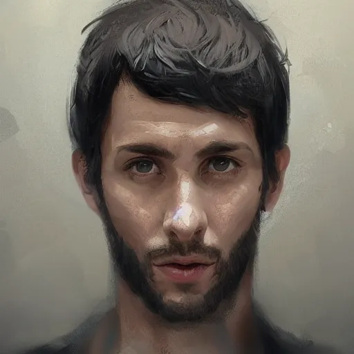 Image similar to portrait of a man by greg rutkowski, he is! about 3 0 years old, short black hair with bangs, his features are a mix between french, turkish and russian and he is wearing a beige and black utility jumpsuit, highly detailed portrait, digital painting, artstation, concept art, smooth, sharp foccus ilustration, artstation hq