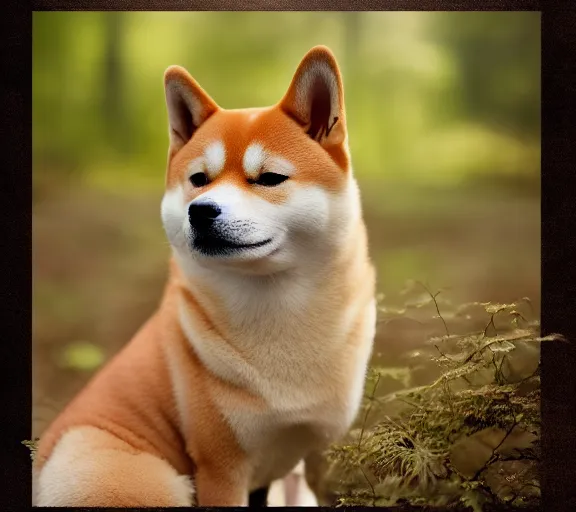 Image similar to a portrait of shiba inu with a mushroom cap growing on its head by luis royo. intricate. lifelike. soft light. sony a 7 r iv 5 5 mm. cinematic post - processing