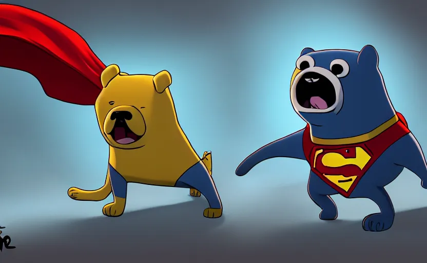 Prompt: Jake the dog from adventure time fighting ((superman)), artstation, hand to hand combat, concept art, high detail, 4k