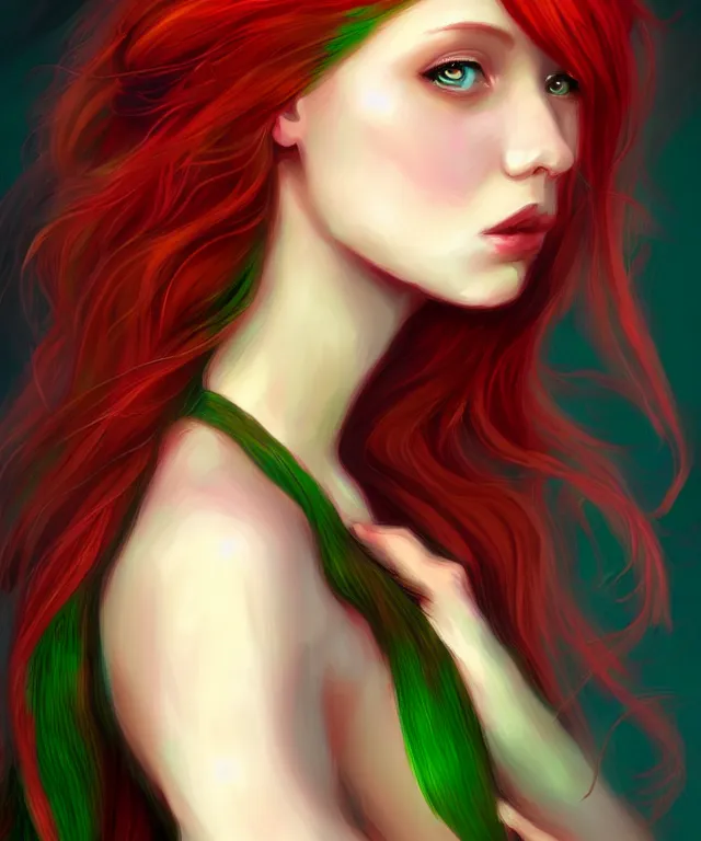 Prompt: Fae teenage girl, portrait, face, long red hair, green highlights, fantasy, intricate, elegant, highly detailed, digital painting