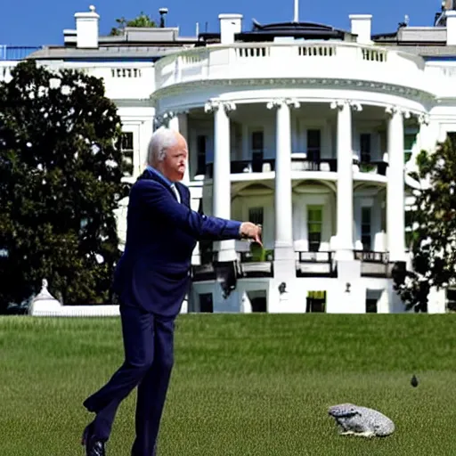 Prompt: Joe Biden Throwing A small green toad at you in front of the white house, photo