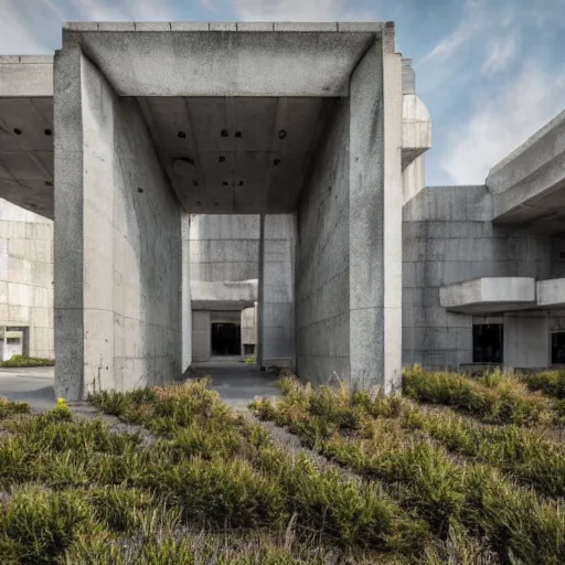 Image similar to sci fi research facility exterior, brutalist architecture, grand scale