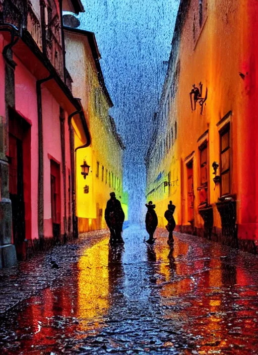 Prompt: colored gummy reindeers walking down a rainy cobbled street in sopron, by james gurney, cyberpunk, dystopian art, epic, dramatic lighting, intricate details, scifi, hd