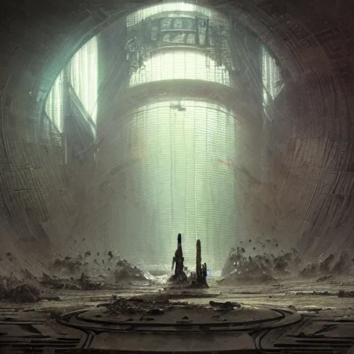 Image similar to lost and alone in a vast future sci - fi cyberpunk brutalist megastructure temple by gustave dore and gustave moreau and beksinski and giger and craig mullins and jeremy mann