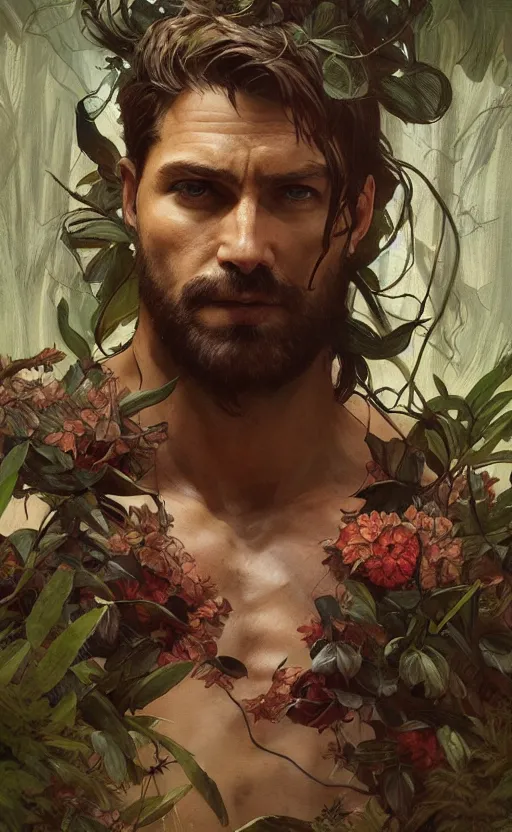 Image similar to god of the forest, 3 0 years old, rugged handsome, male, gorgeous, detailed face, clean lines, cinematic light, amazing, full body, flowers, muscular, intricate, highly detailed, digital painting, artstation, concept art, sharp focus, illustration, art by greg rutkowski and alphonse mucha