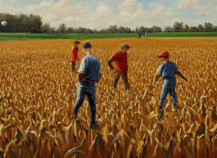 Image similar to a baseball game in a field of corn, oil painting by jama jurabaev, extremely detailed, brush hard, artstation, for aaa game, high quality, brush stroke